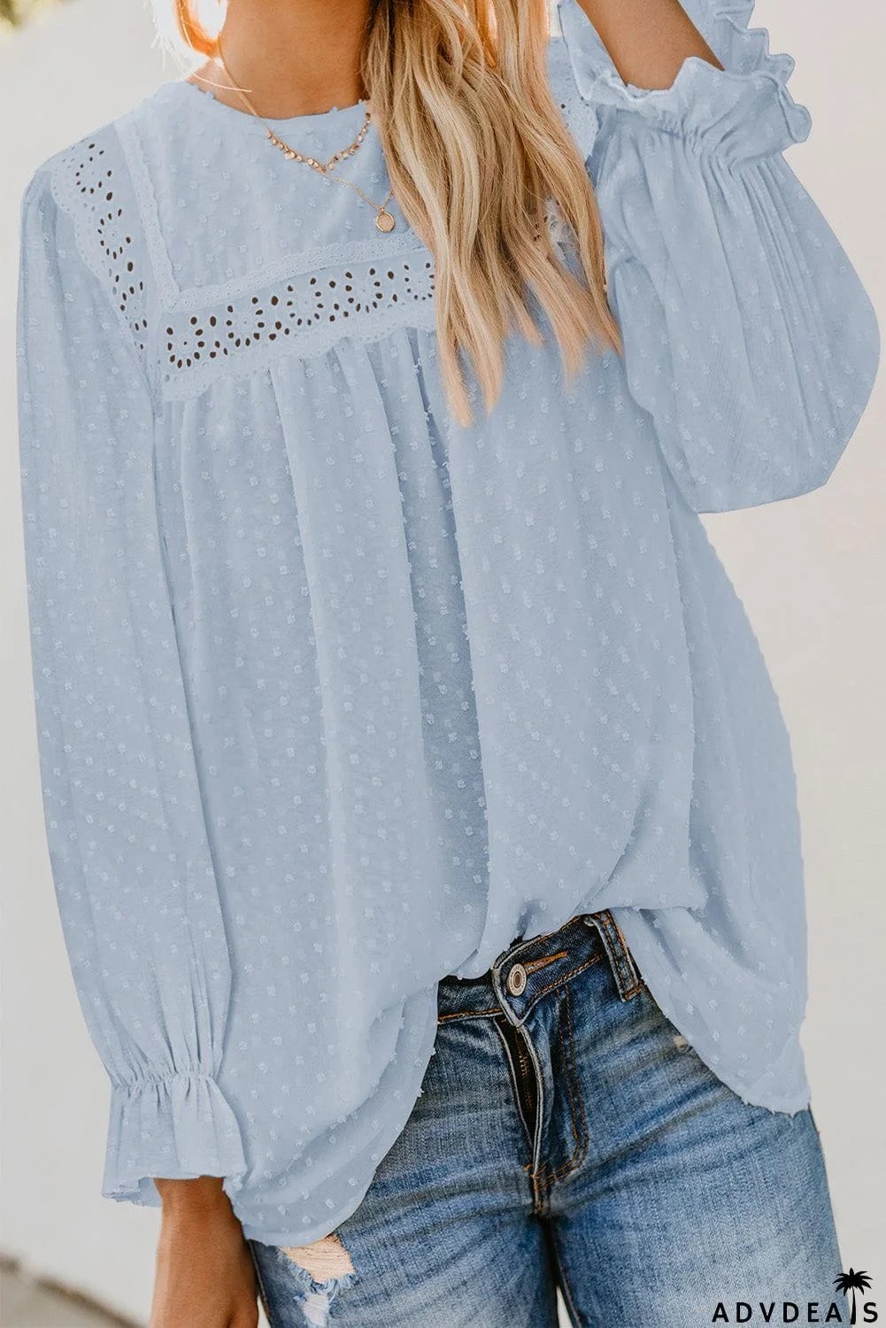 Swiss Dot Hollow Out Ruffle Sleeve Blouse