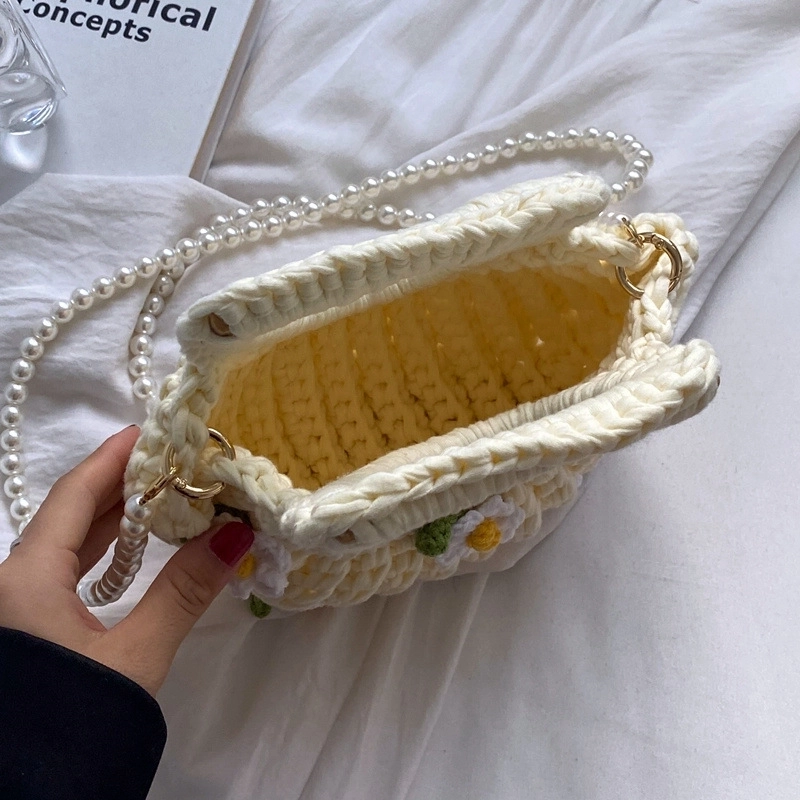 Women’s Medium Fabric Flower Cute Weave Open Crochet Bag
