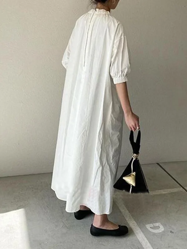 Pleated Split-Joint Zipper Loose Puff Sleeves Stand Collar Shirt Dress Maxi Dresses