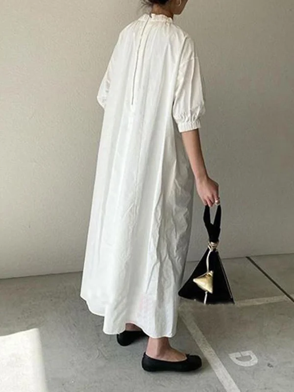 Loose Puff Sleeves Pleated Split-Joint Zipper Stand Collar Maxi Dresses ...