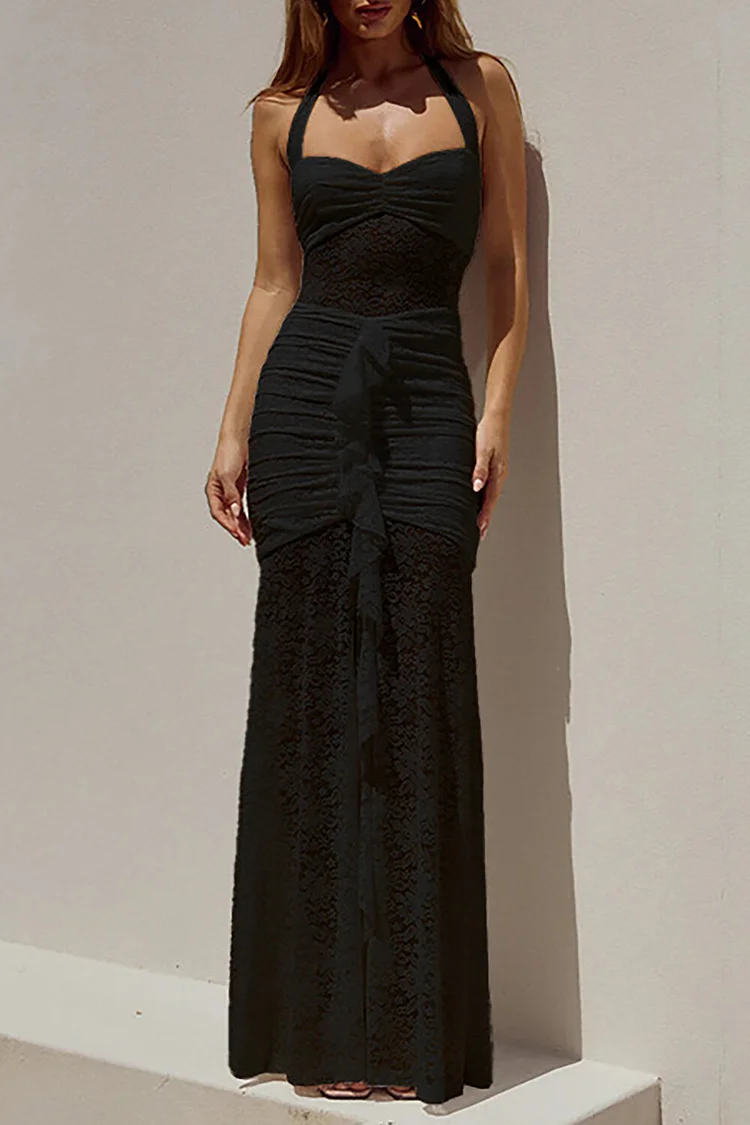Halterneck Ruched Bodycon Ruffled Trim Floral Lace Maxi Dresses-Pink