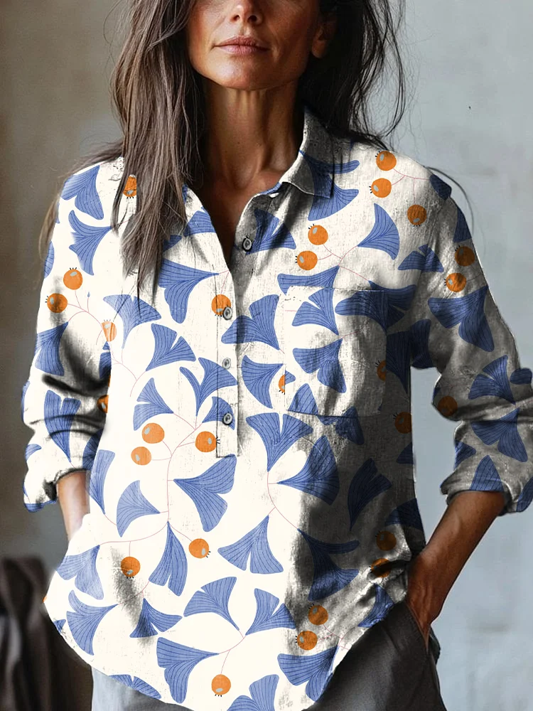 Women's Japanese Ginkgo Print Casual Cotton and Linen Shirt