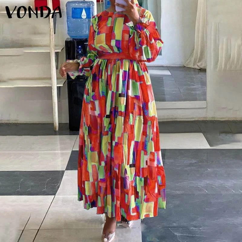 Holiday Maxi Dress 2022 VONDA Women Vintage Print Long Maxi Dress Beach Office Belt Pleated Long Sleeve Party Vestido