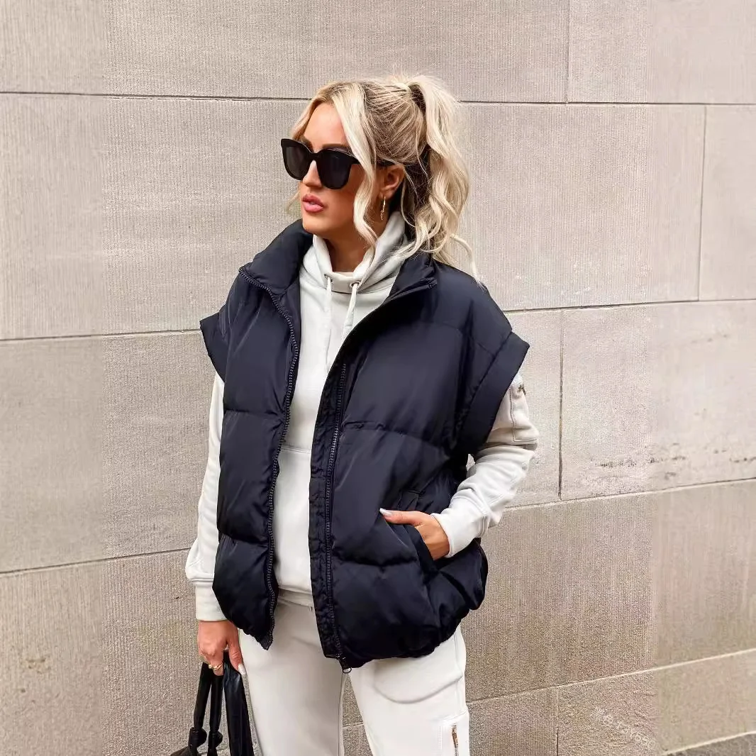 Toloer 2024 New Women's Solid Color Zip Pocket Cotton-Padded Jacket Vest Fashion Standing Collar Temperament Commuter Coat-Outfit Ideas