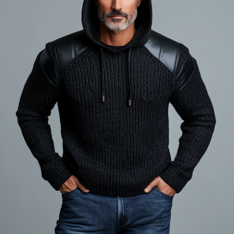 Men's Casual PU Leather Patchwork Rib Knit Long Sleeve Drawstring Hoodie