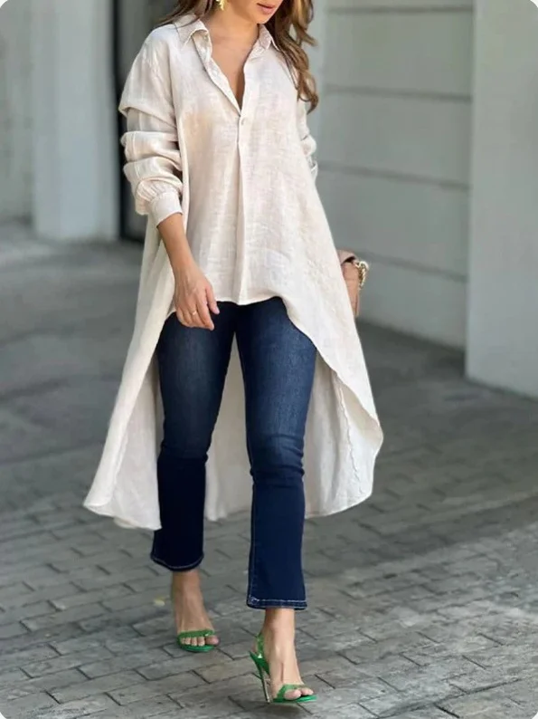 Women's Elegant Long-sleeved Solid Color Loose Lapel Shirt