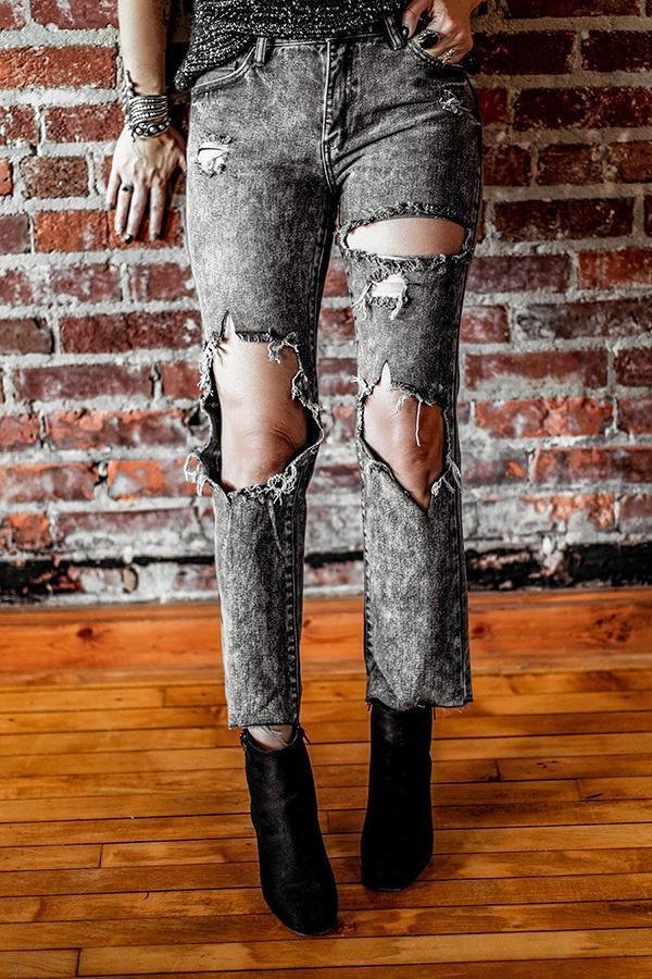 Womens Retro Stylish Trend Big Hole Straight Cut Jeans-Allyzone-Allyzone