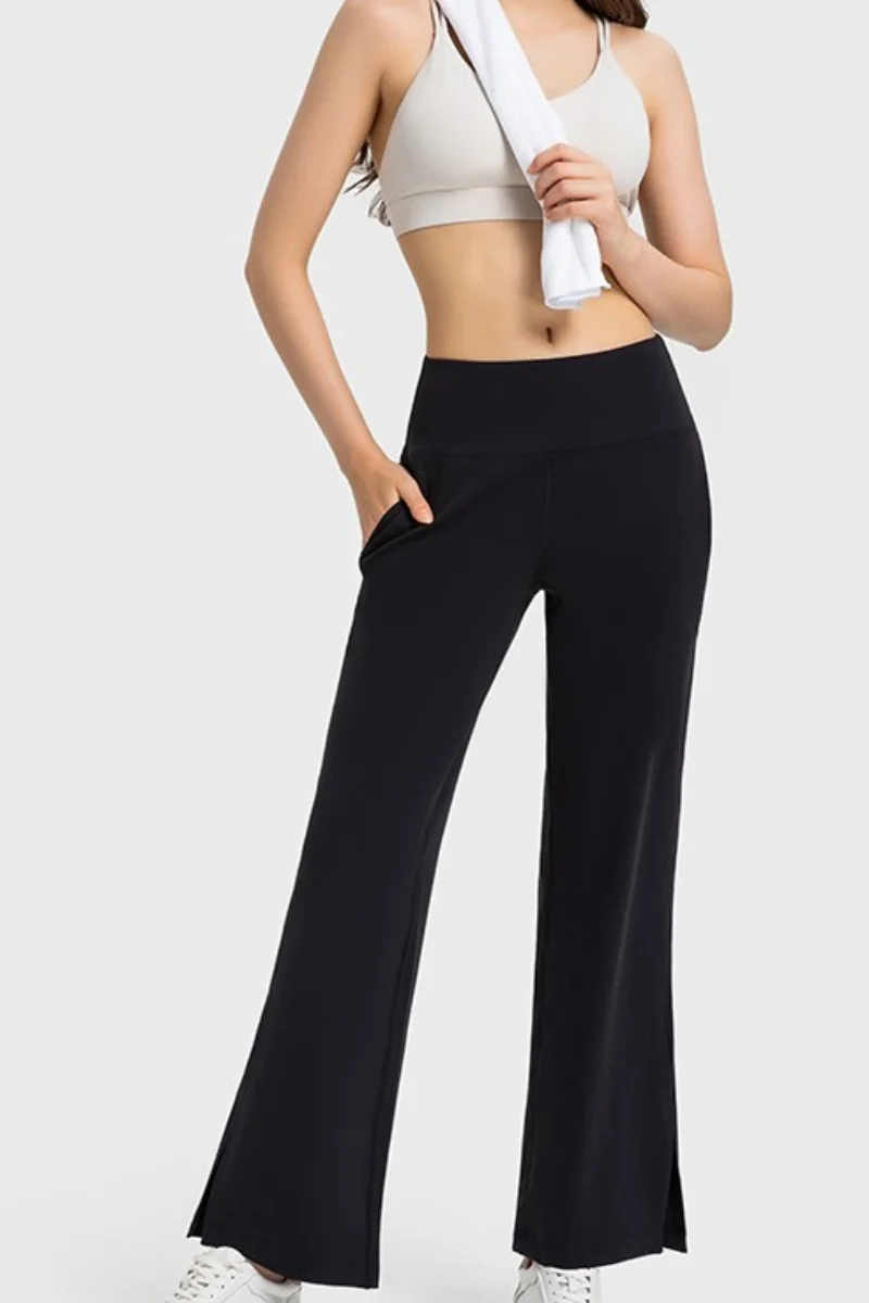 High Waisted Side Pocket Split Hem Casual Straight Pants