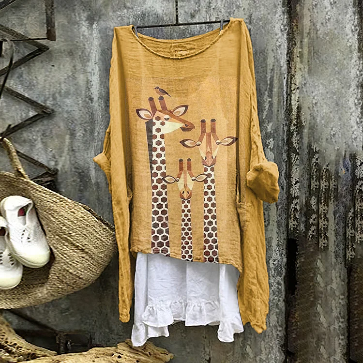 Comstylish Women's Vintage Giraffe Cozy Linen Blend Tunic