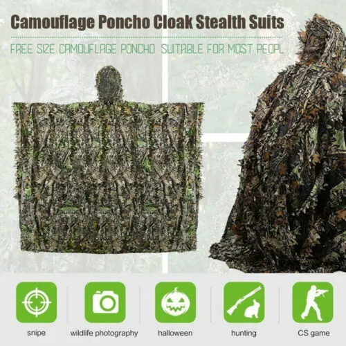 3D Leaf Camo Ghillie Poncho – Stealth Hunting Cloak With Hood (Kylebooker)