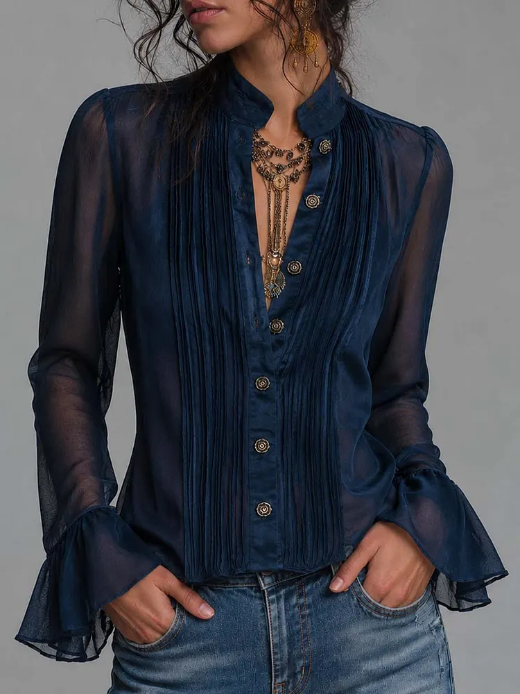 Stand Collar Pleated Front Button Down Flare Cuff Long Sleevs Sheer Chiffon Blouse