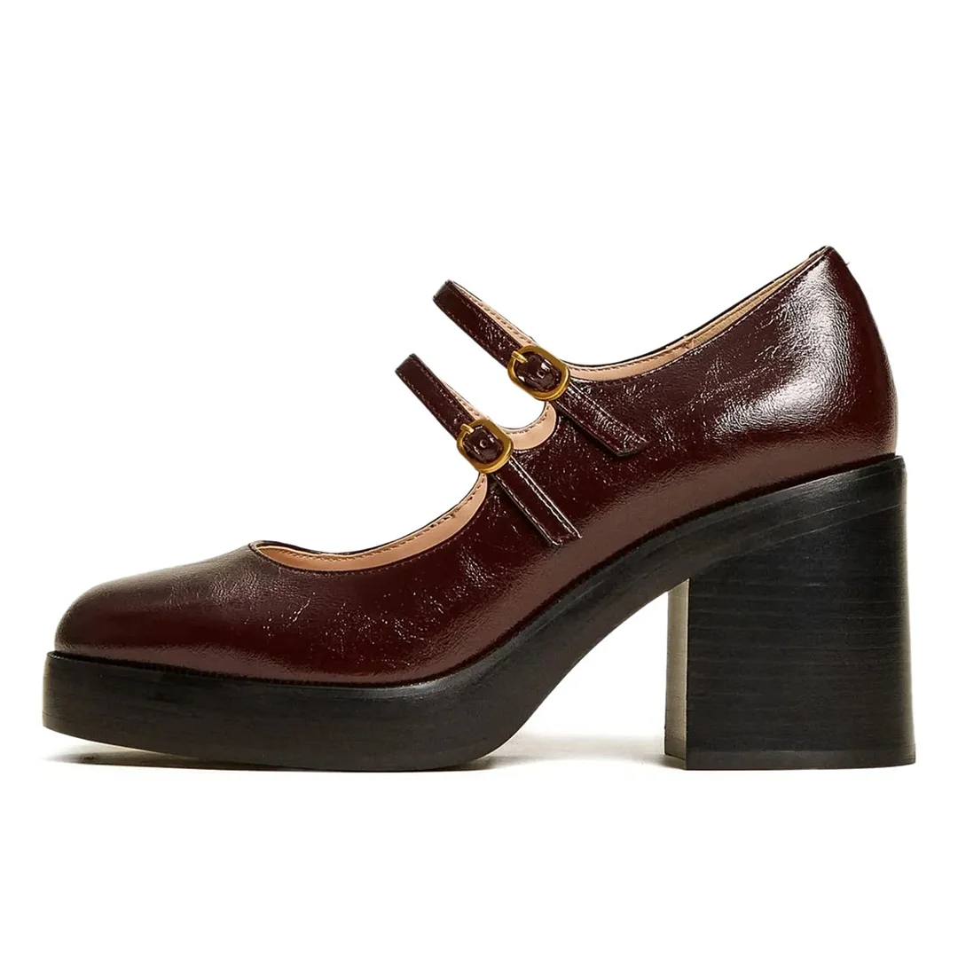 Round Toe Chunky Heel Buckle Strap Comfy Platform Mary Janes in Brown