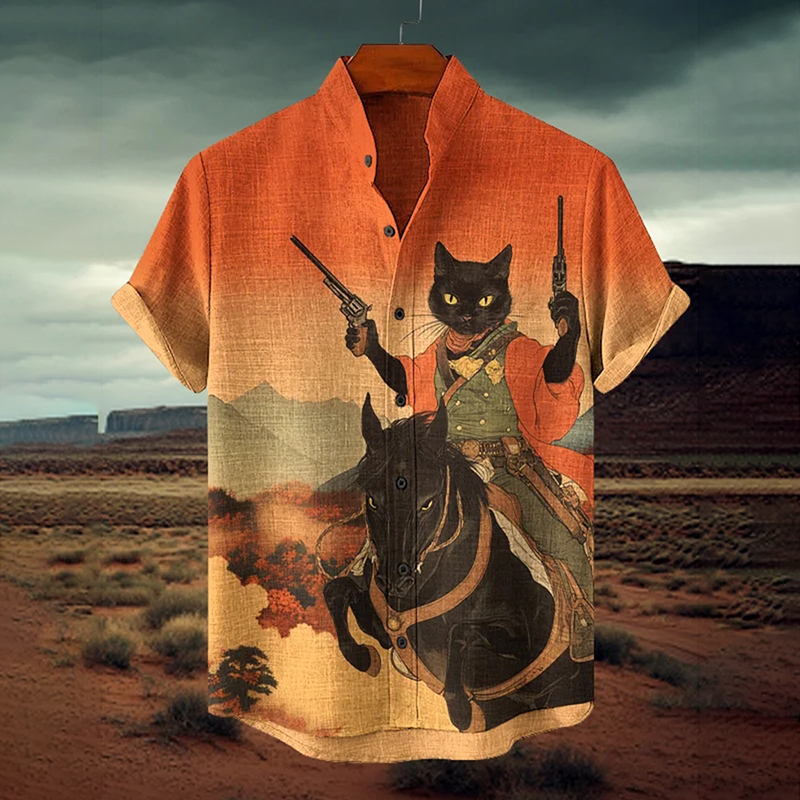 Men's Western Style Horse Black Cat Warrior Print Short Sleeve Shirt  artssus