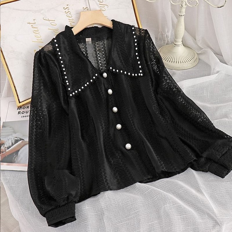 Spring Elegant Lace Blouses Women New 2021 Hollow Out Peter Pan Collar Tops Fashion Office Ladies Long Sleeves Solid Shirt 14562