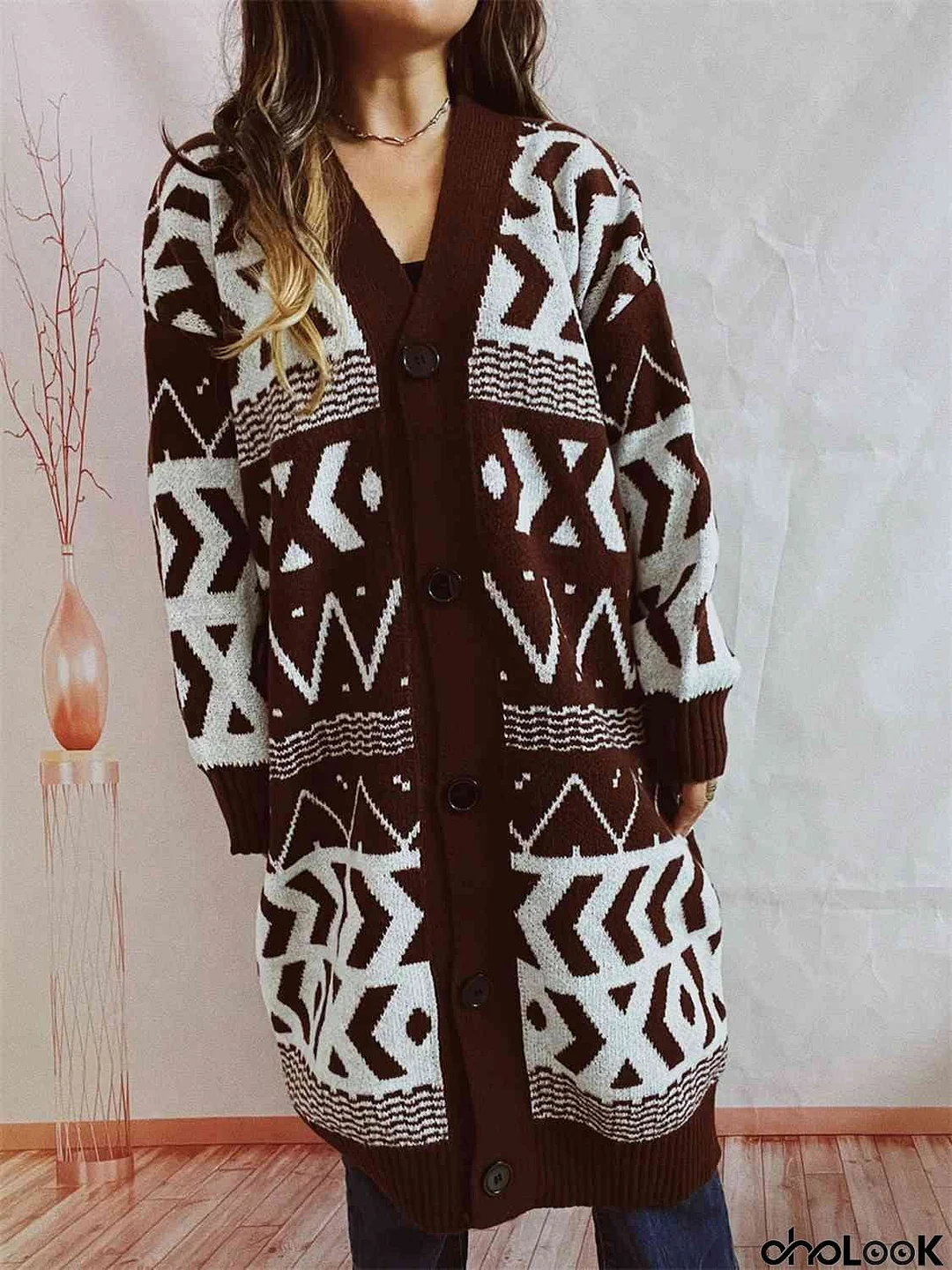 Geometric Button Front Longline Cardigan