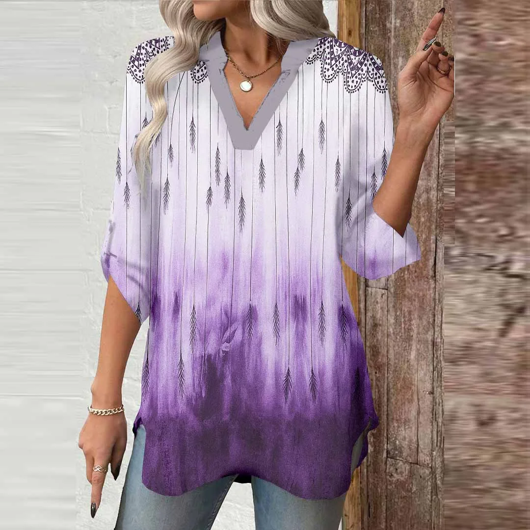 Women Gradient, Purple, Retro DZGA0550 3/4 Sleeve V-neck Printed Graphic Button Tops
