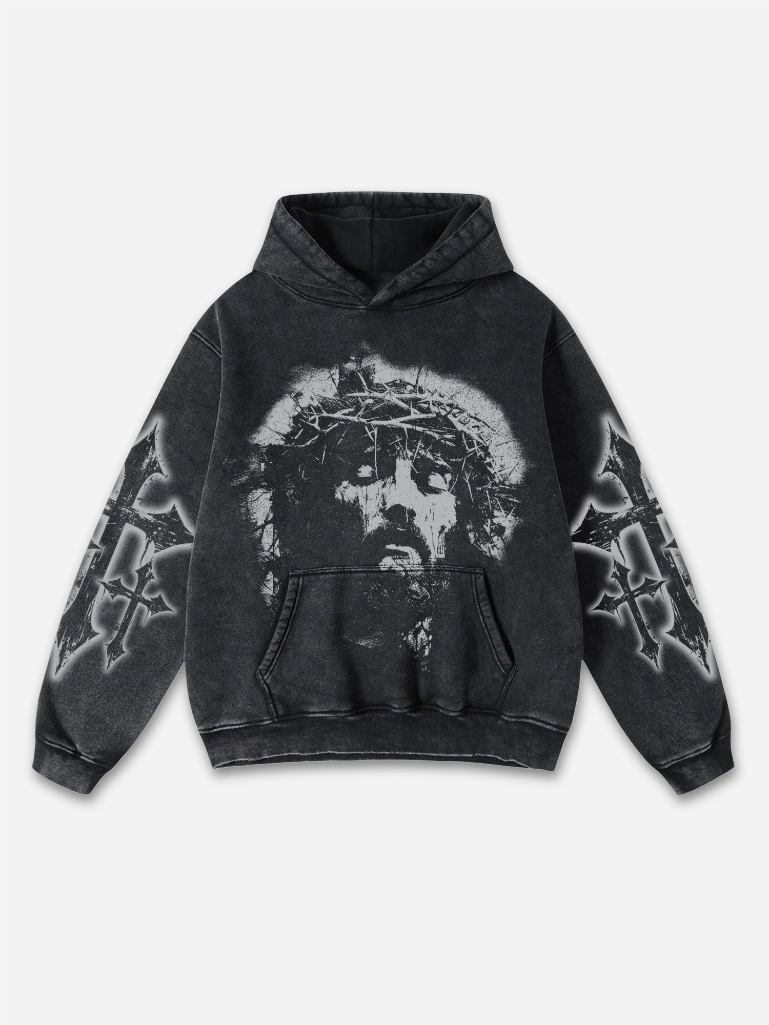 Vintage Jesus Print Graphic Acid Washed Oversized Hoodie - SOPULA