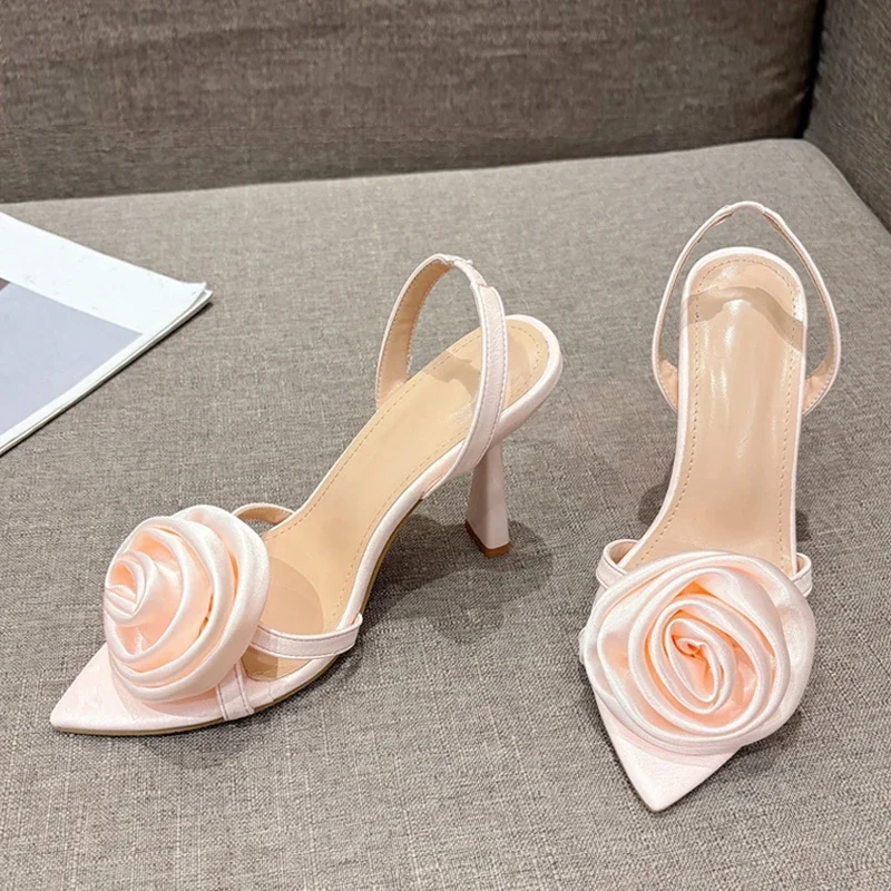 2025 Summer Fashion Silk Rose Flowers Pointed Open Toe Back Strap Sandals Women Red High Heels Wedding Prom Shoes sex pumps