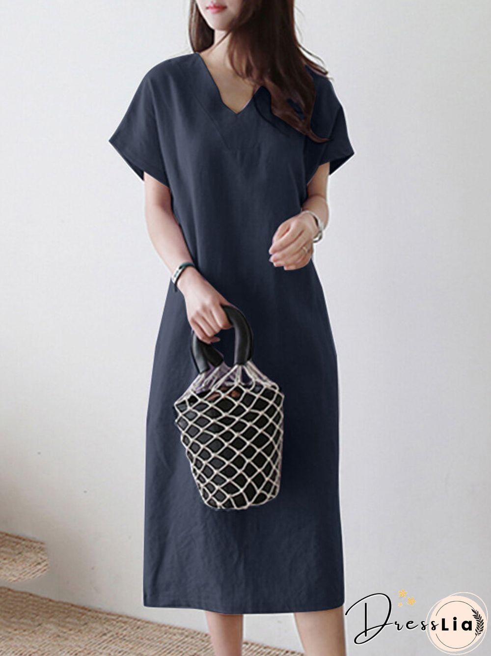 Solid V-neck Short Sleeve Dress For Women