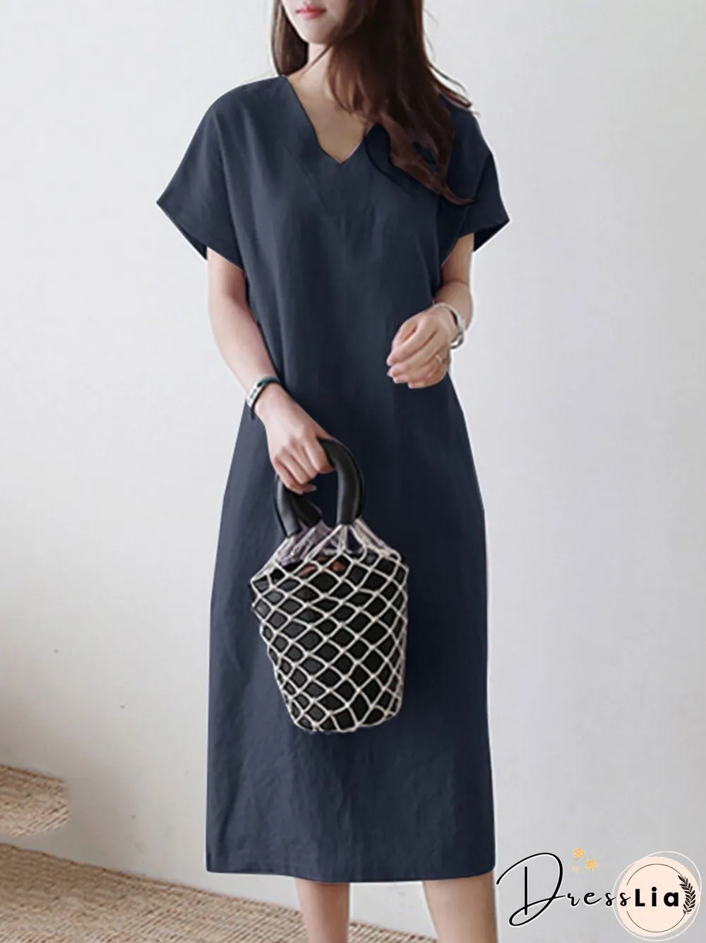 Solid V-neck Short Sleeve Dress For Women