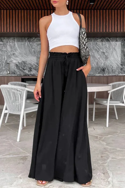 High Waist Drawstring Pocket Elastic Waist Wide Leg Pants