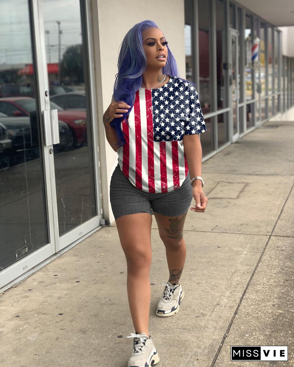 American Independence Day Flag Print Short Sleeve Two-Piece Set