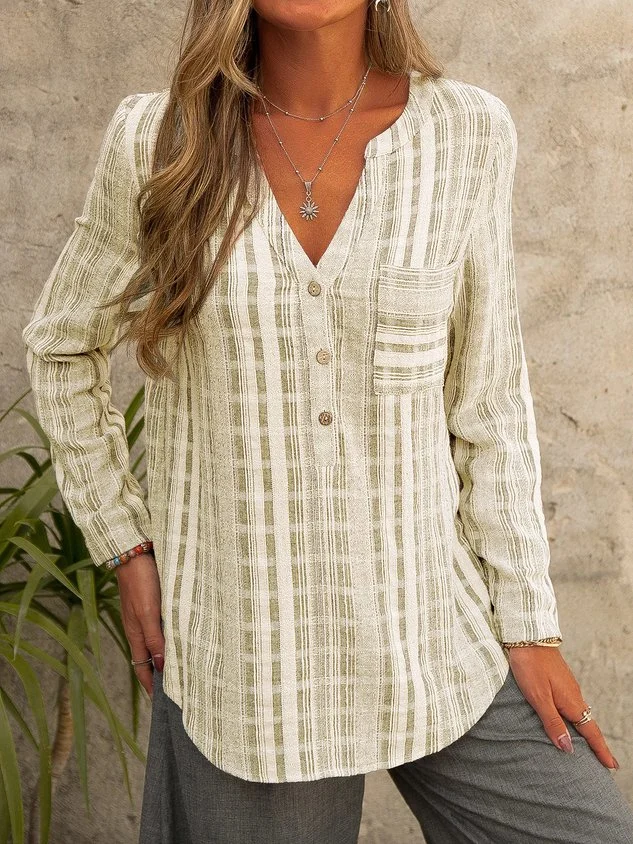V Neck Stripe Cotton Long Sleeve Blouse