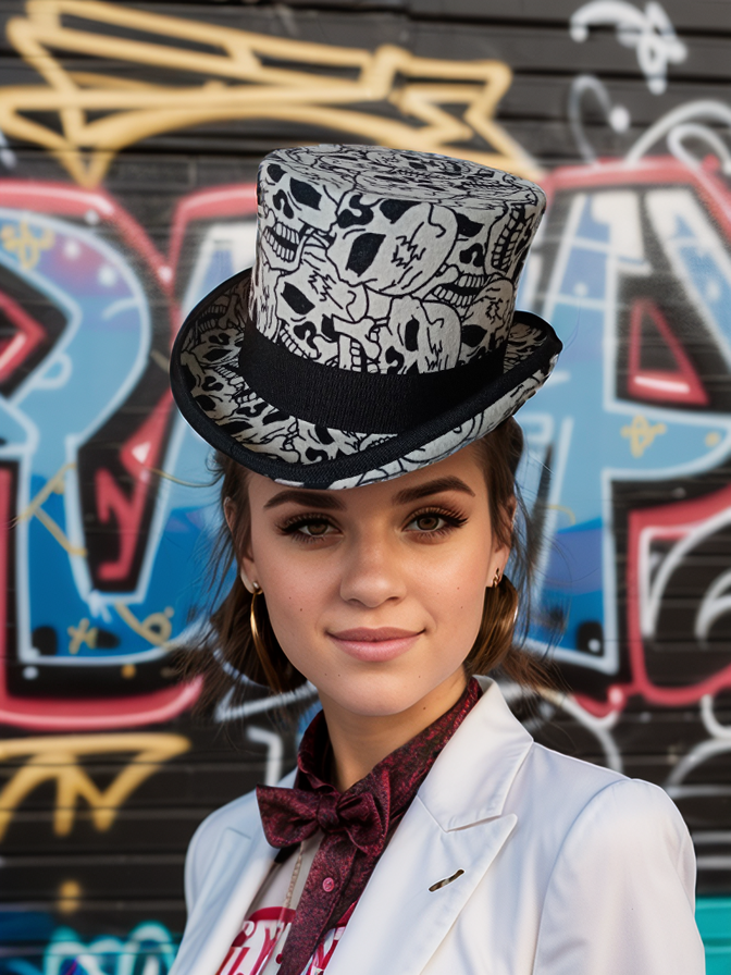 Wool Felt Hat - White Skull Print Adult Magic Hat 