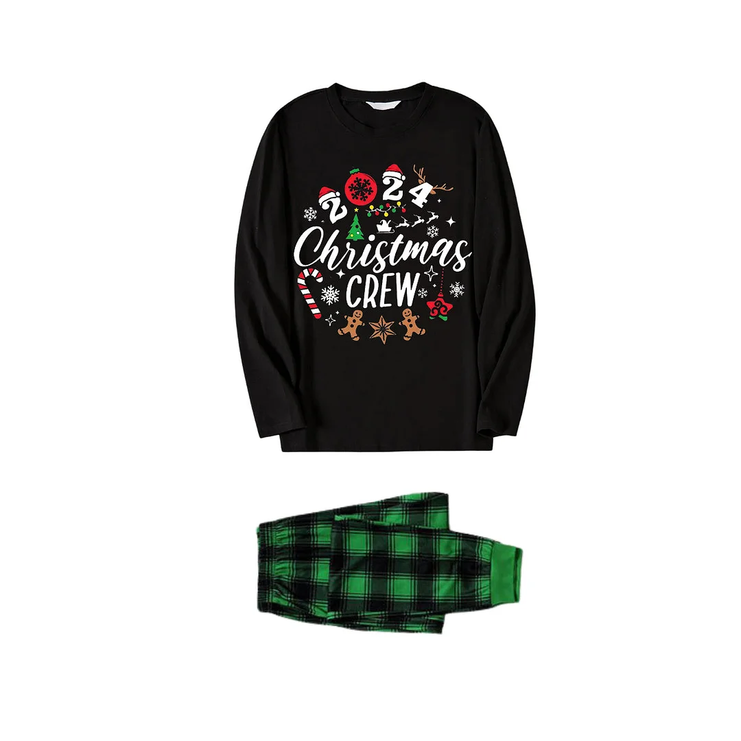 "2024 Christmas Crew" Text Printed Black and Green Plaid Family Matching Pajamas