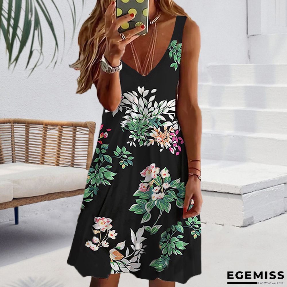 Casual V-neck Loose Flower Sleeveless Dress | EGEMISS