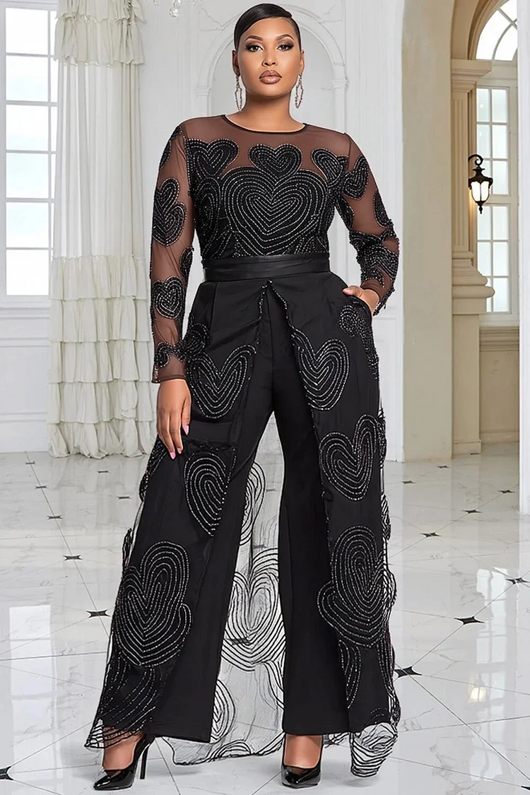 Xpluswear Design Plus Size Formal Red Round Neck Long Sleeve See Through Elegant With&nbsp;Skirt&nbsp;Overlay Jumpsuits 2024 - Xpluswear