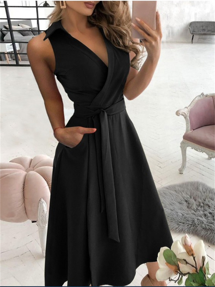New Fashion Solid Color V-neck Tight Waist Sleeveless Casual Folded Sleeveless Ladies A-line Dress Sensible Wind Dress