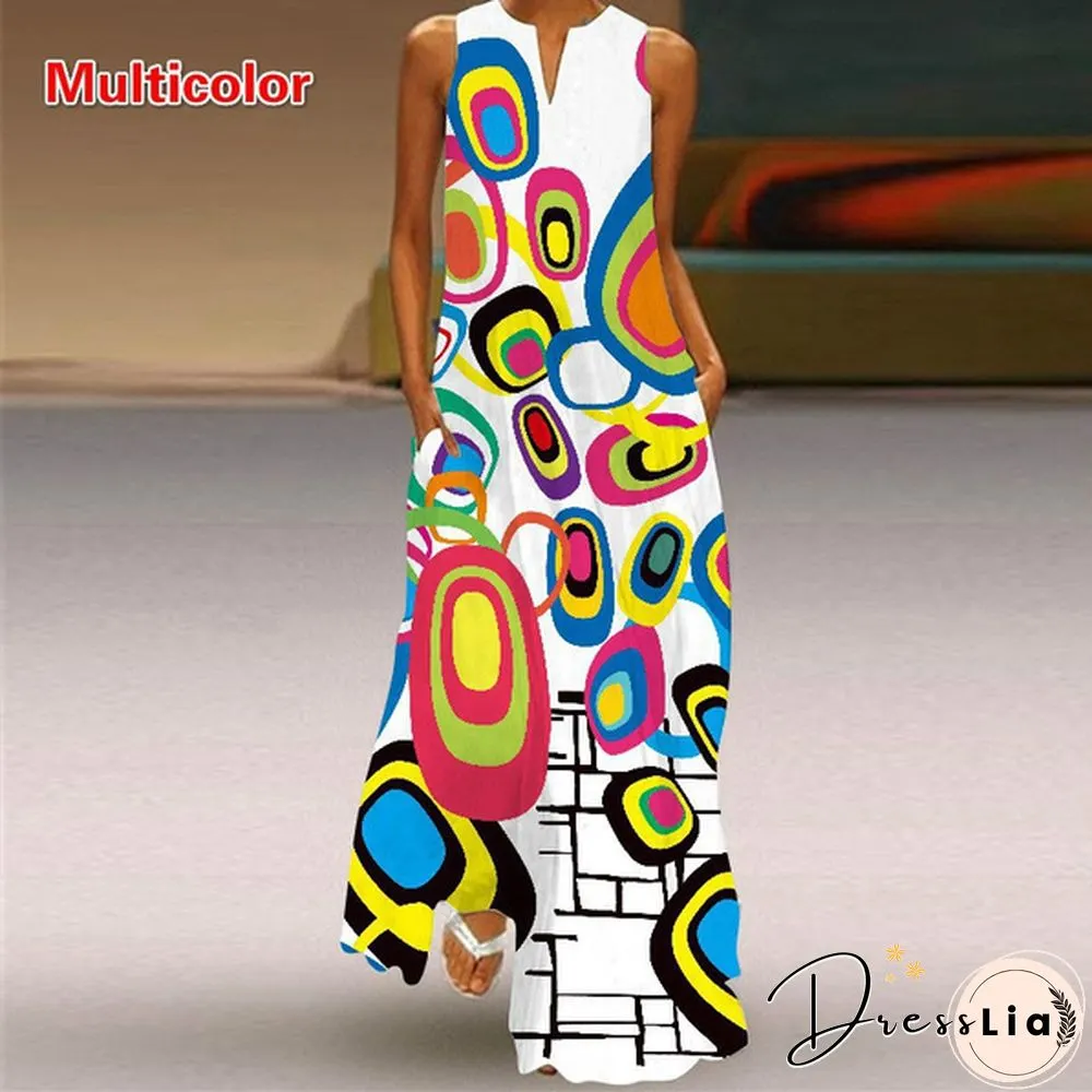 Butterfly Print Loose Beach Maxi Dress Summer Womens Fashion Sleeveless V-neck Boho Dress
