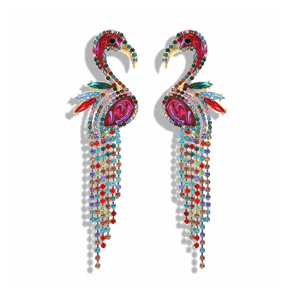 Dvacaman Bohemian Cute Fashion Animal Parrot Bird Drop Earrings Women Shiny Rhinestone Fringed Statement Tassel Earrings Jewelry