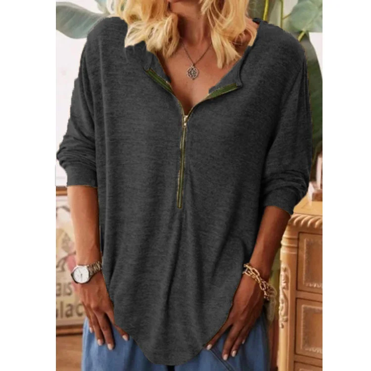 Zipper Colid Color Long-sleeved T-shirt