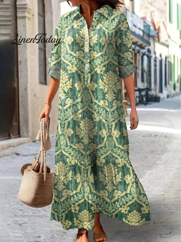 Women’s Vintage Lovely Floral Art Print Pocket Cotton Dress Green / S