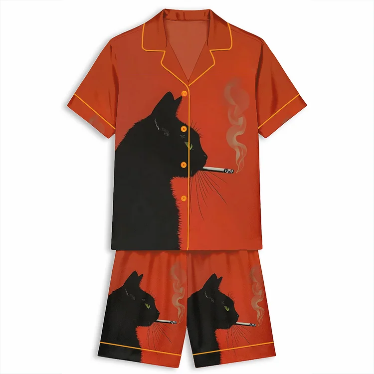 Tokyo-Mood Black Cat Smoking A Cigarette Vintage Unisex Short Sleeve Satin  Pajama Set