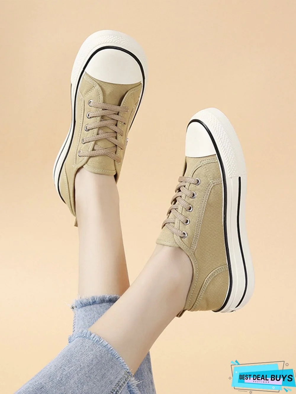 Casual Plain Color Split Joint Comfy Square Toe Lace-Up Canvas Shoes