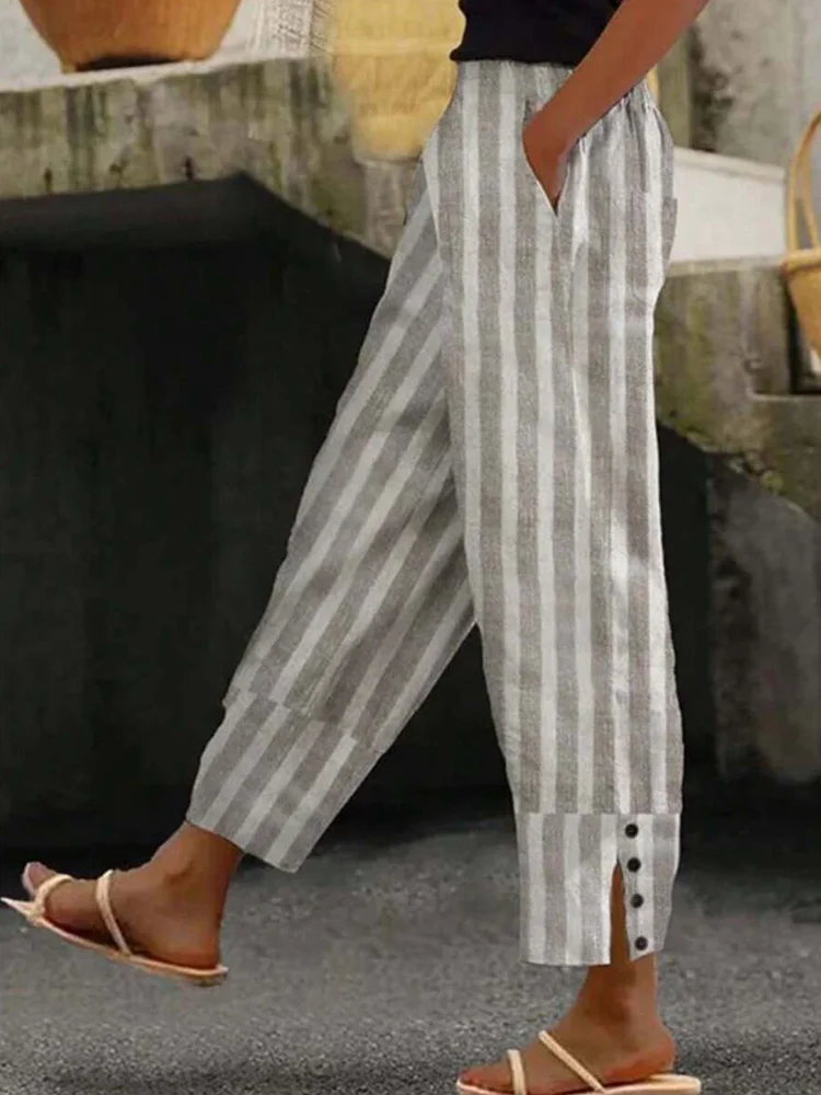 Comstylish Casual Stripe Buttoned Split Linen Blend Cozy Pants