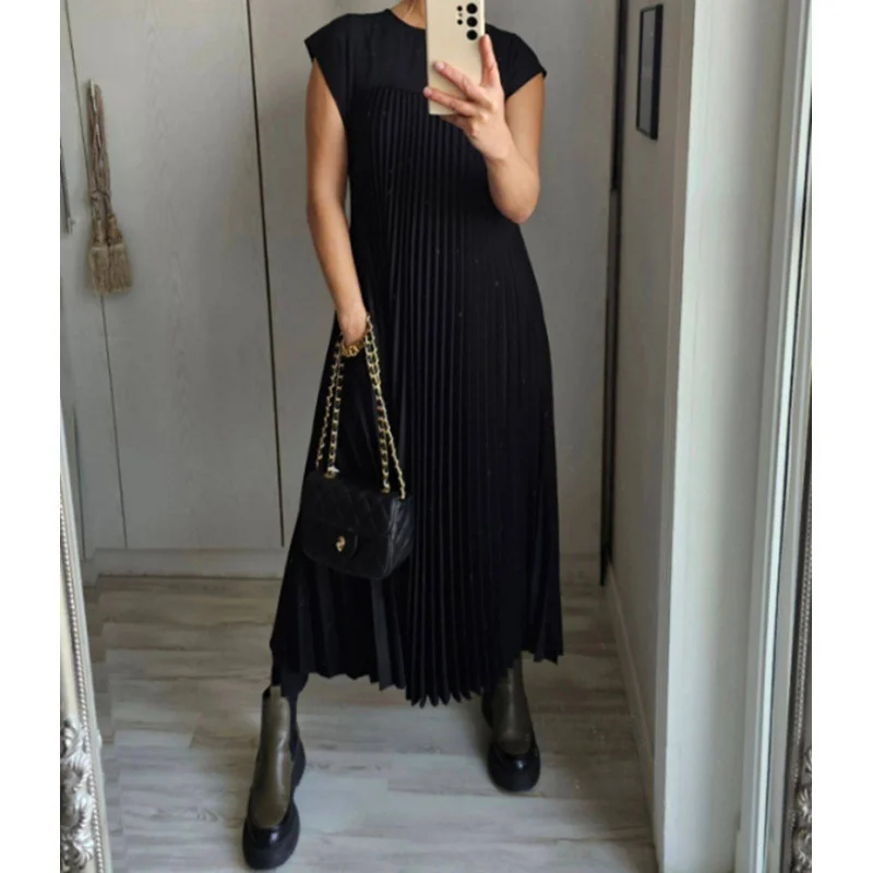 Uveng Uveng New Women's Elegant Fashion Round Collar Sleeveless Pleated Winter Dress Dress