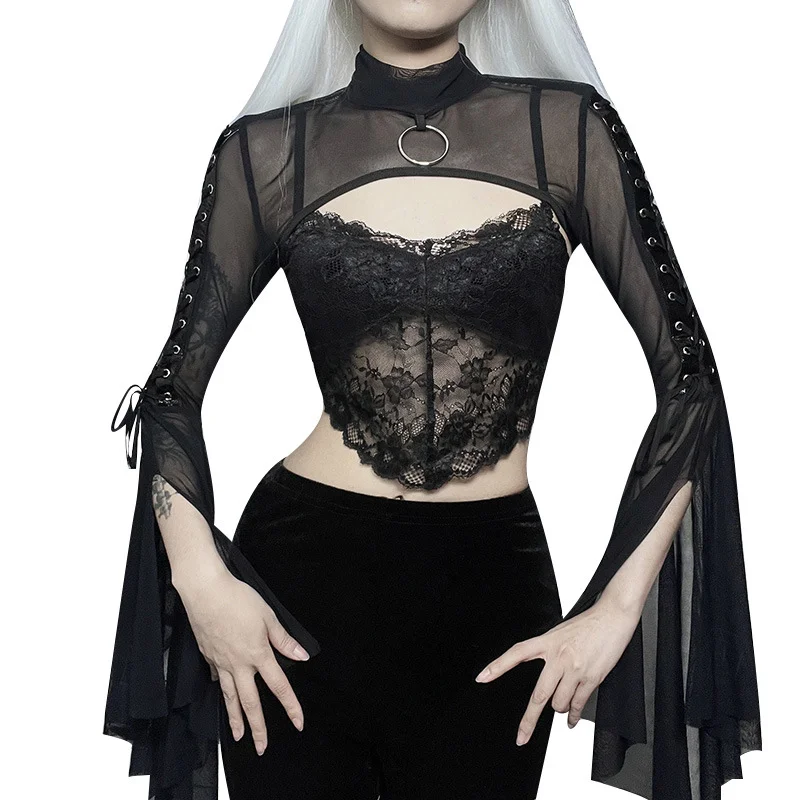 Ueong Temperament Perspective Net Yarn Blouse Dark Wind Half-High Collar Horn Sleeves Two-Sided Ribbon Slimming Jacket
