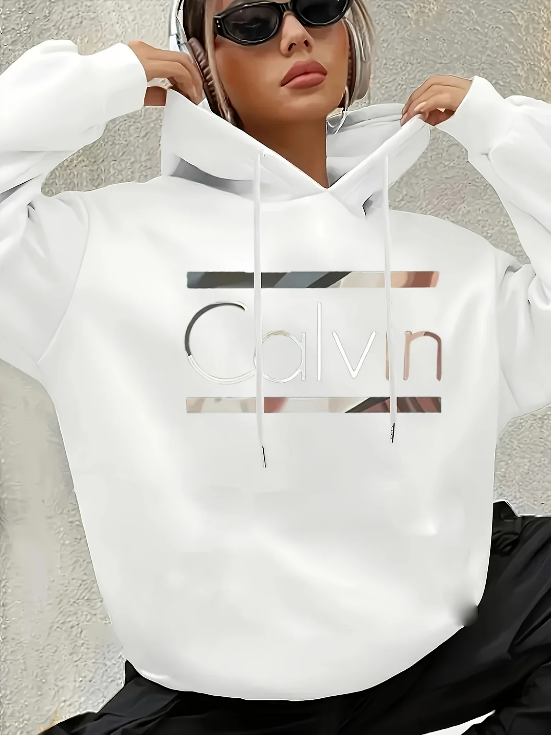 Women's "Calvin" Print Hoodie - Casual Sporty Pullover With Drawstring, Long Sleeve, Comfortable Polyester Sweatshirt, White With Black Lettering, Perfect For Casual Attire, Sweater Hoodie | IFYHOME
