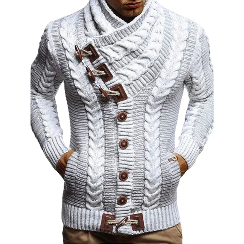 Wongn Wongn Men's Turtleneck Button Horn Buckle Knit Fashion Cardigan Men's Sweater