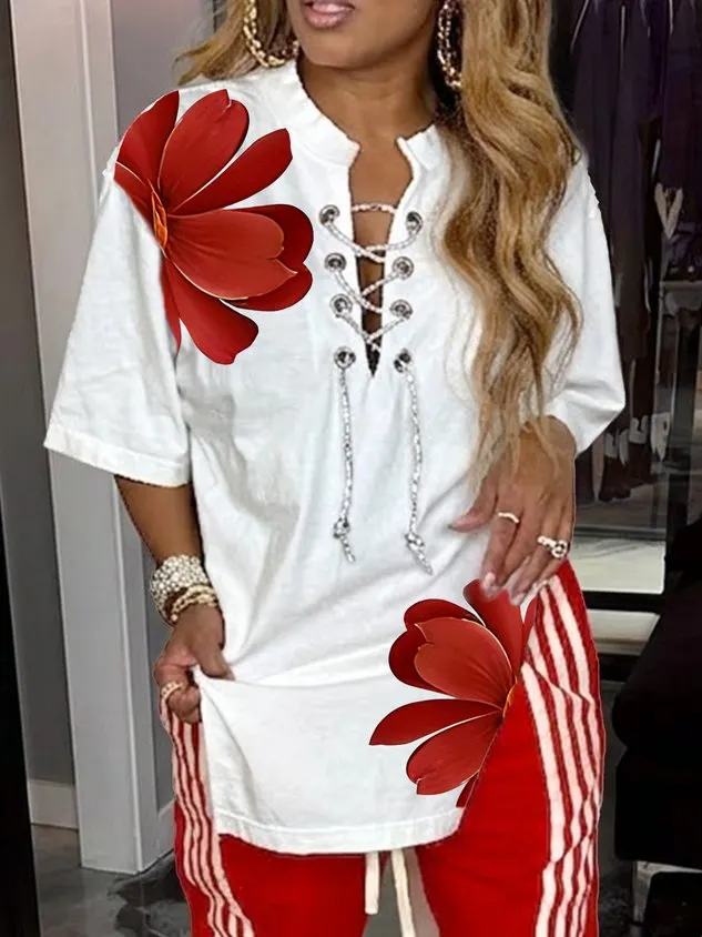Casual Floral Buttoned Notched T-shirt mysite idetrend