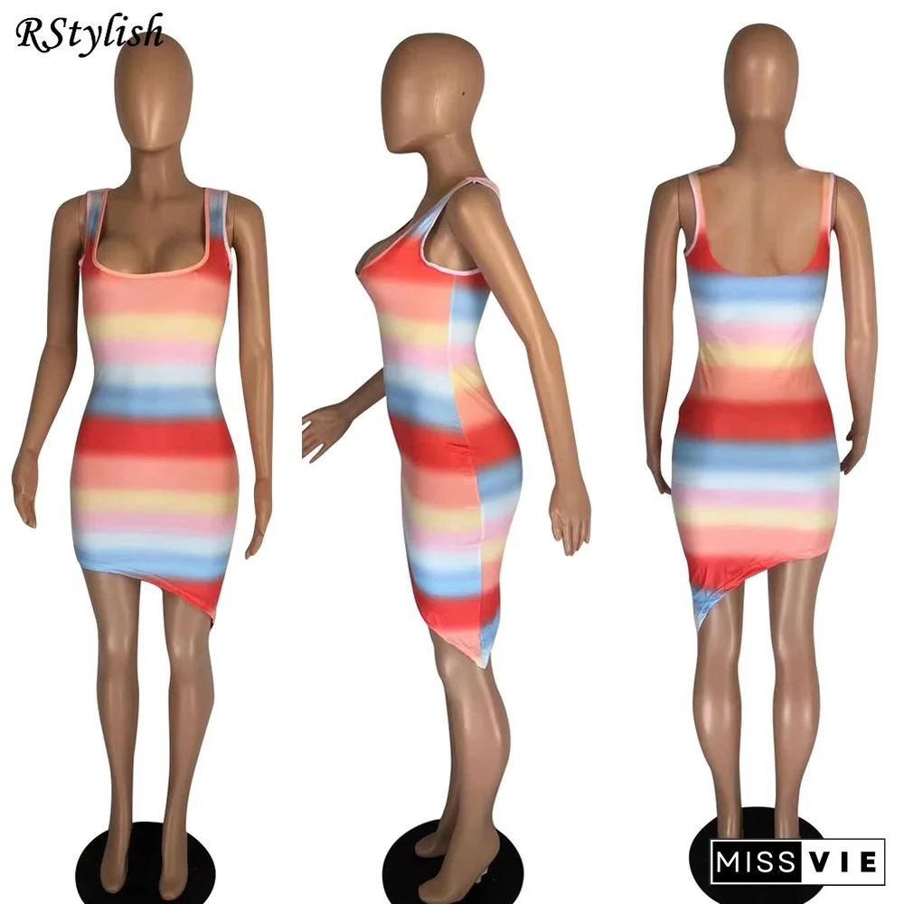 Women Vintage Rainbow Stripe Print Sleeveless Mini Dress
