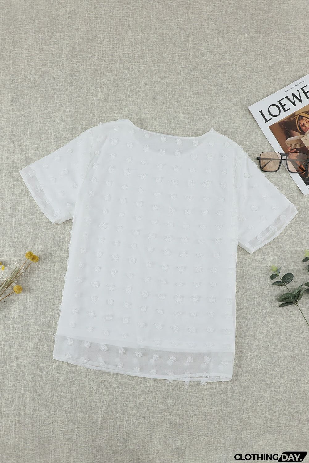 Chic White Swiss Dot Texture Round Neck Short Sleeve Top