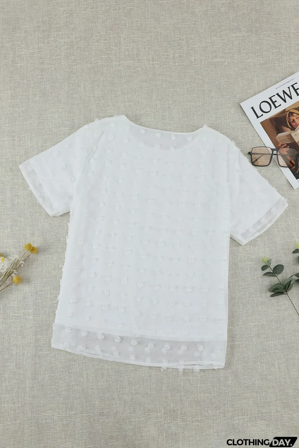 Chic White Swiss Dot Texture Round Neck Short Sleeve Top