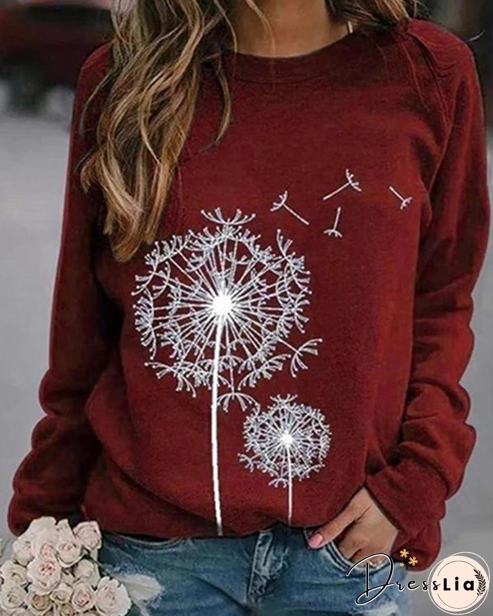 Dandelion Printed Round Neck Casual Loose Sweater