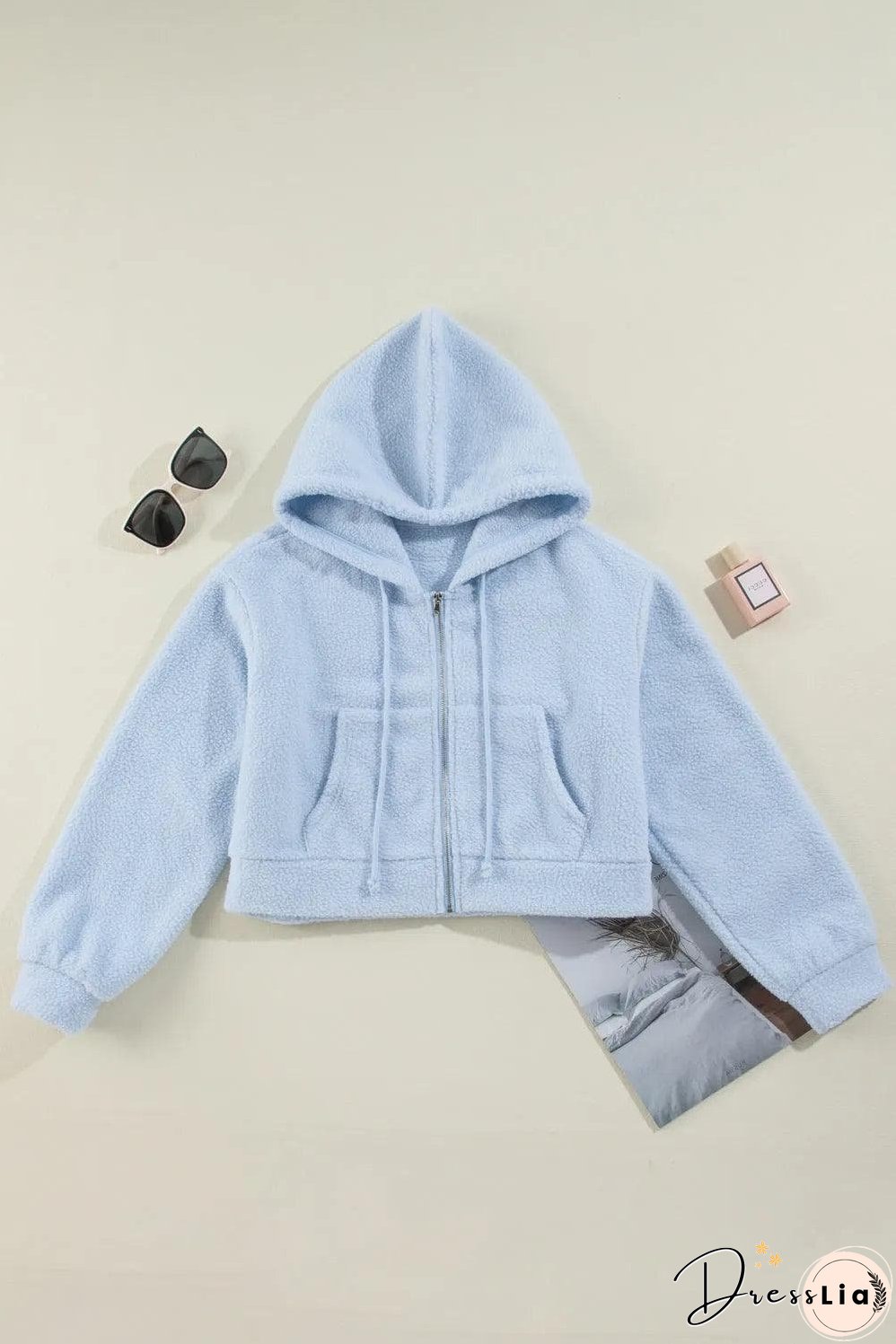 Beau Blue Cropped Sherpa Zip Up Hoodie