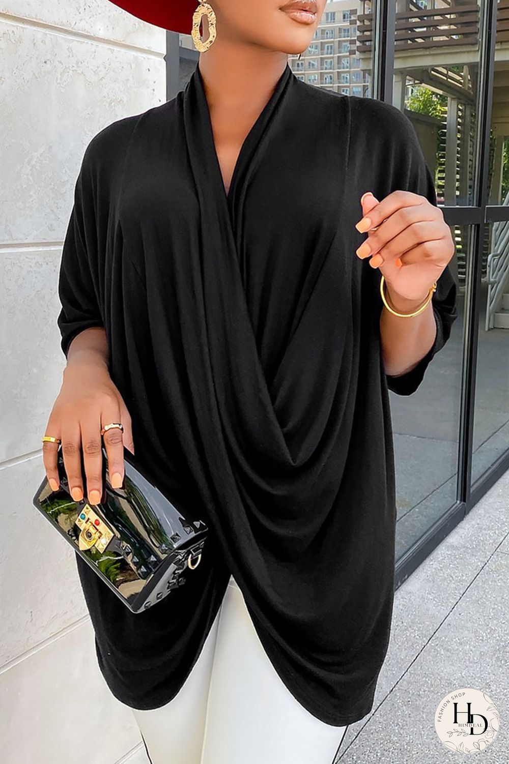 Blue Casual Solid Patchwork Fold Asymmetrical V Neck T-Shirts